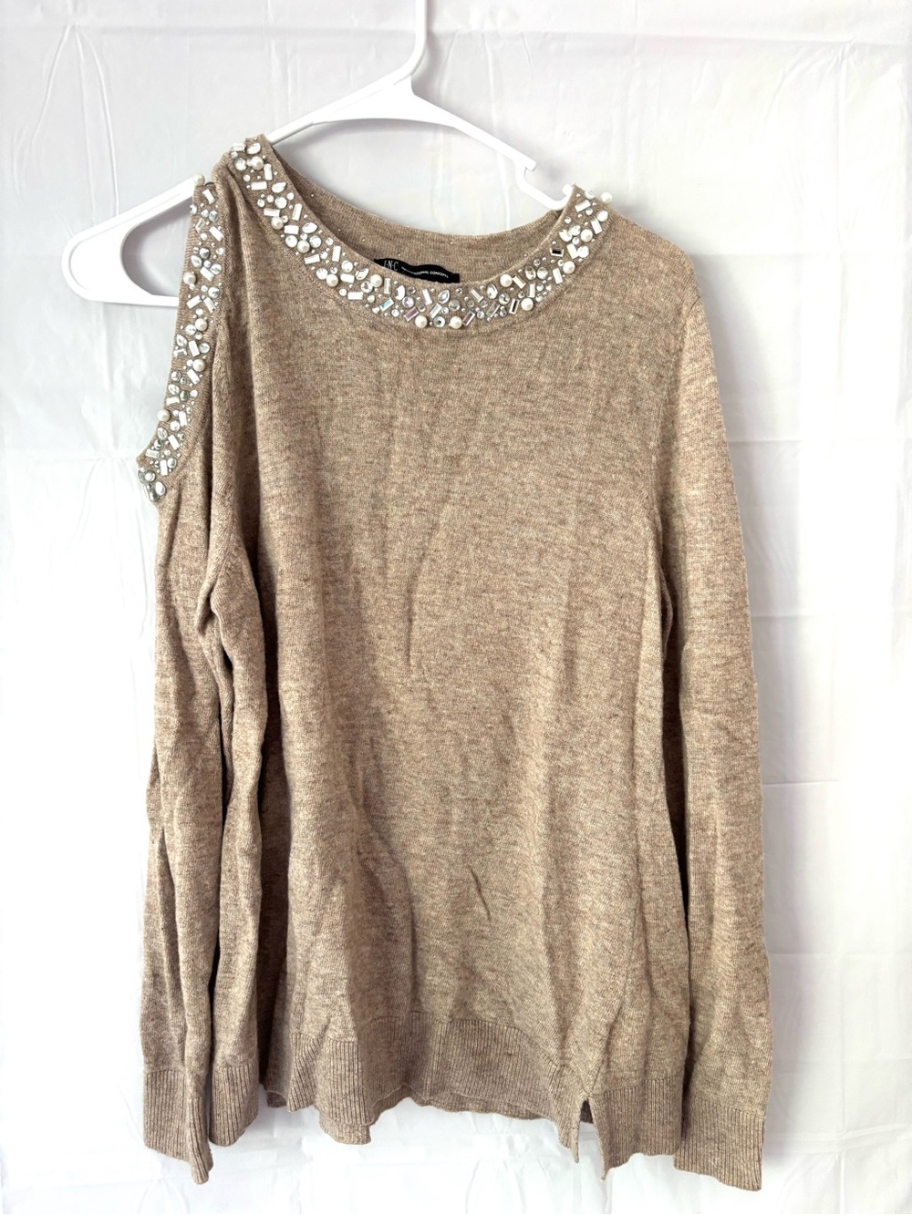 INC International Tan Concepts Pearl & Rhinestone Cold Shoulder Sweater SZ L